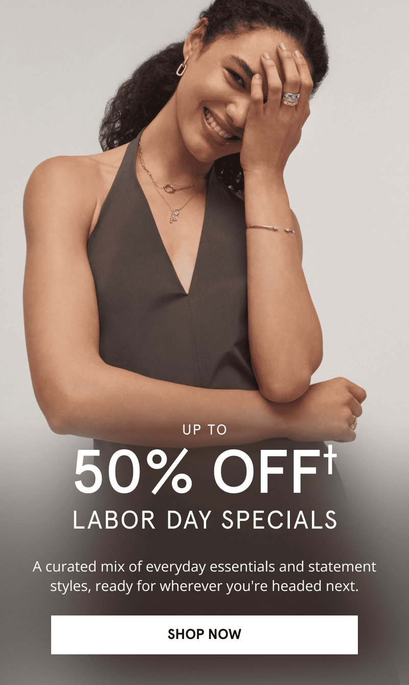 Woman wearing gold necklaces, earrings, diamond rings and a gold bracelet. Up to 50% OFF Labor Day specials. Click shop now.