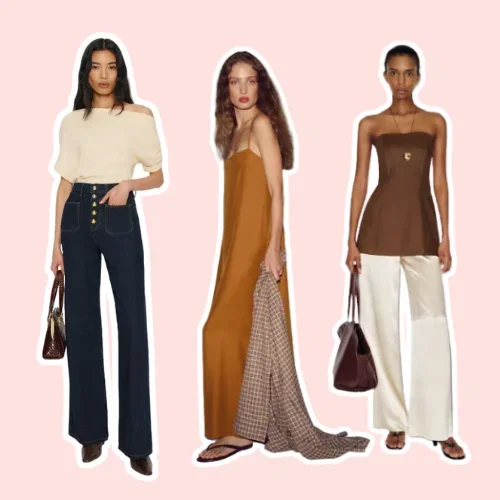 women model dark denim, copper dress and brown top