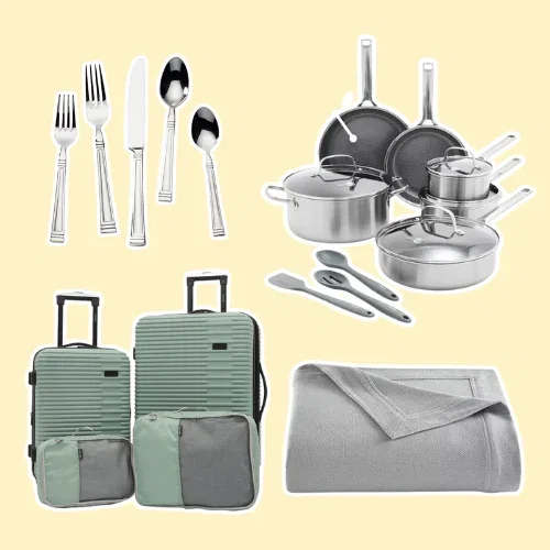 tableware, pots, green luggage and gray blanket