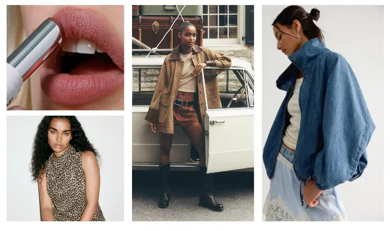 collage woman in denim coat, woman in barn coat, lipstick being applied