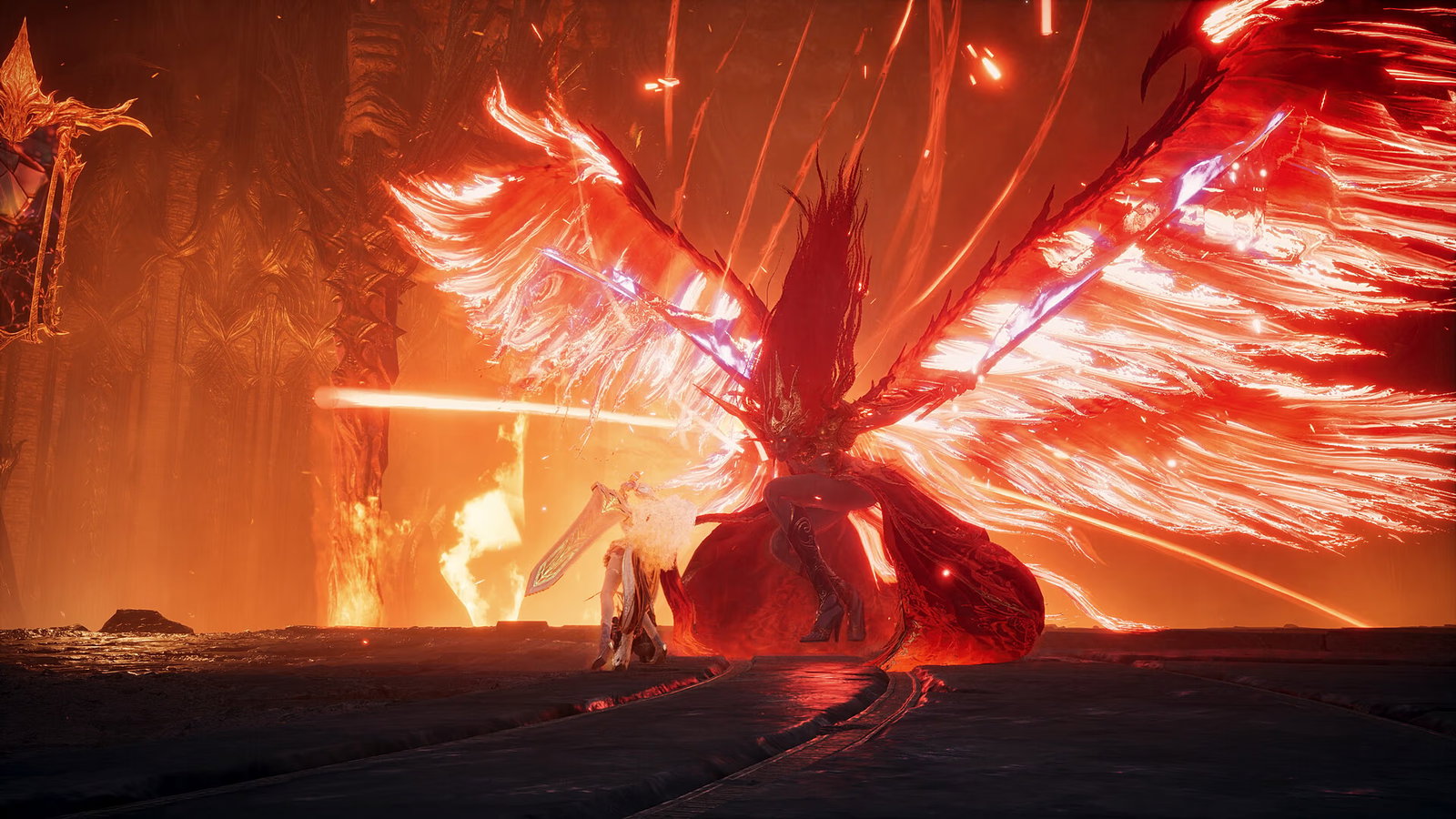 Screenshot from Aion2, showing the Player Character fighting a giant crowned woman with huge fiery wings and flaming swords. The whole battlefield and background is saturated with red & orange.