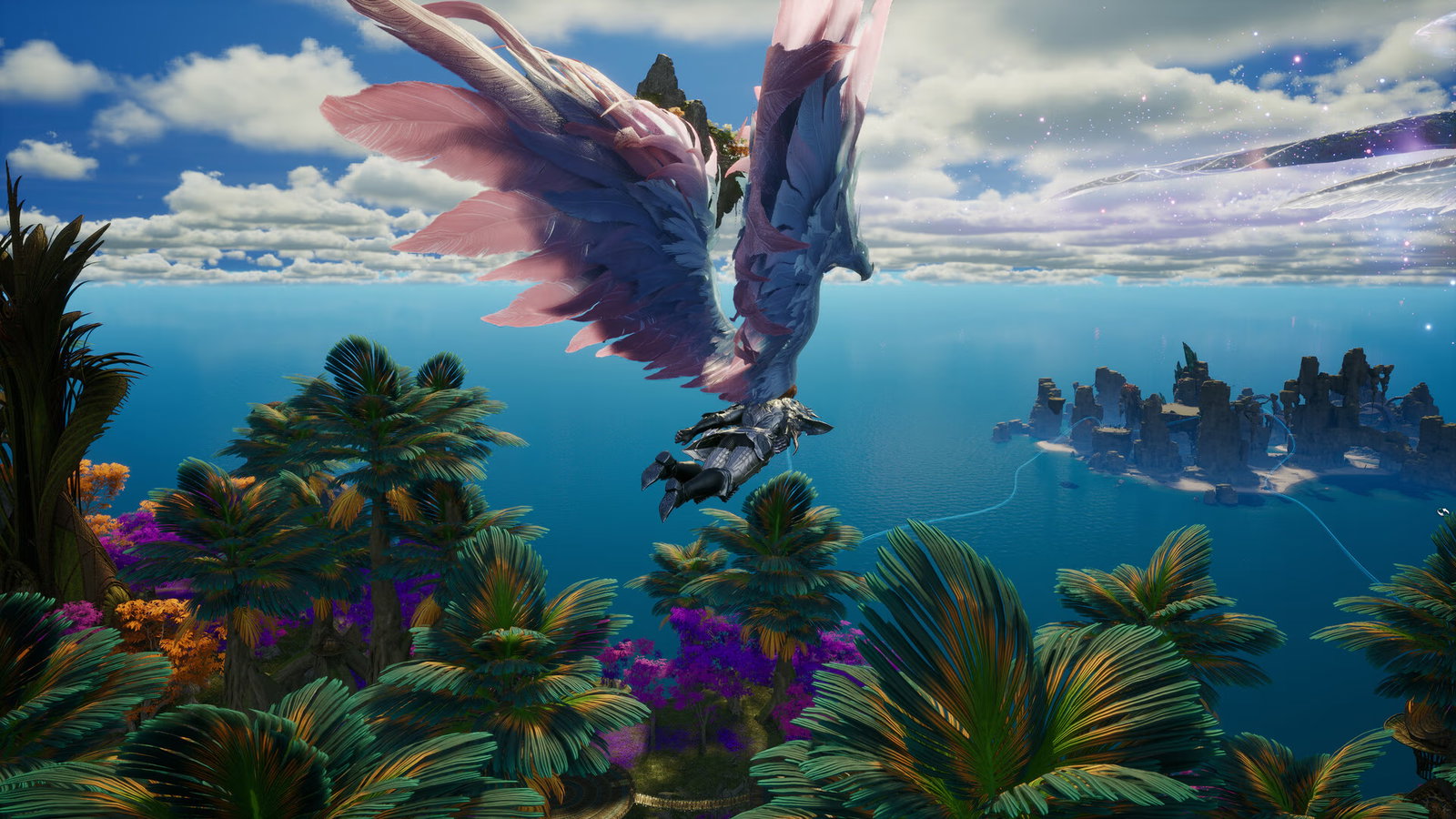 Screenshot from Aion2, showing the Player Character flying across the skies on the way between two islands, their pink and white feathers mid-flap. The island below is covered in green and purple plants, while the island they're heading to is full of desolate ruins.