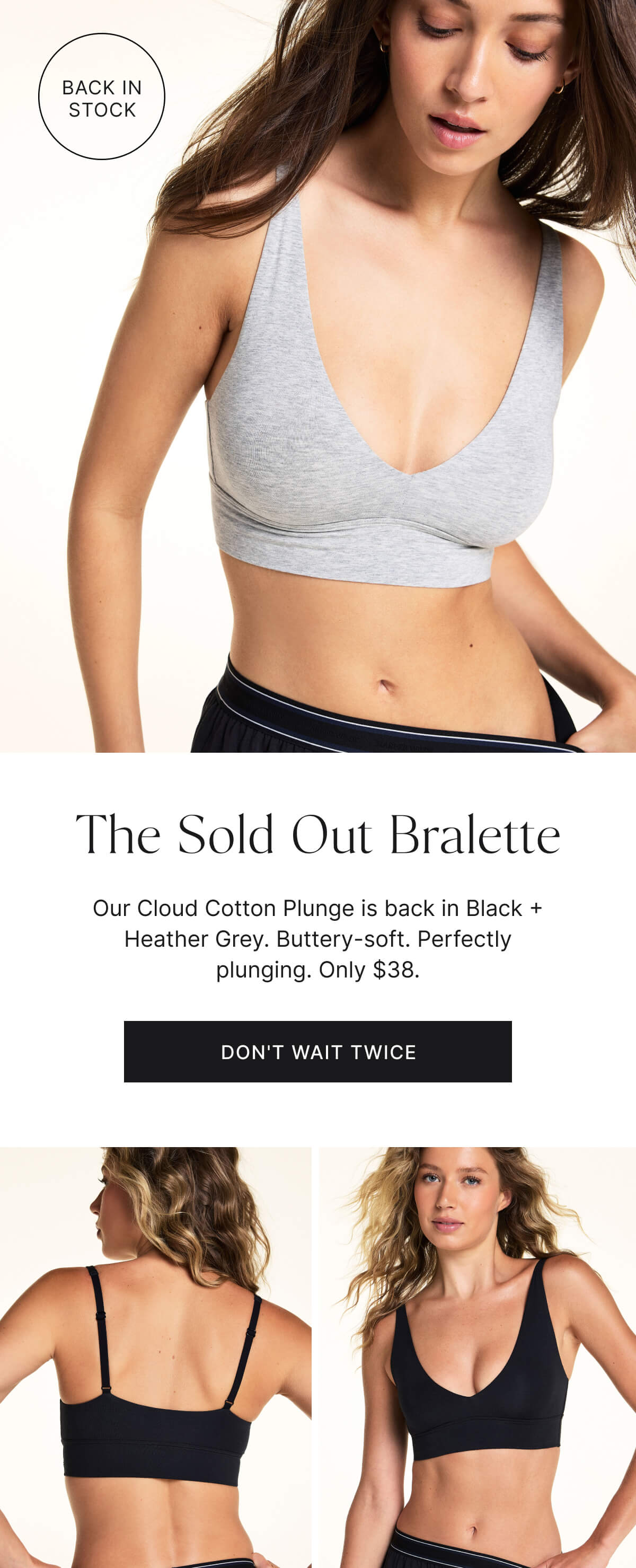 Back in stock. The sold out bralette. Don't wait.