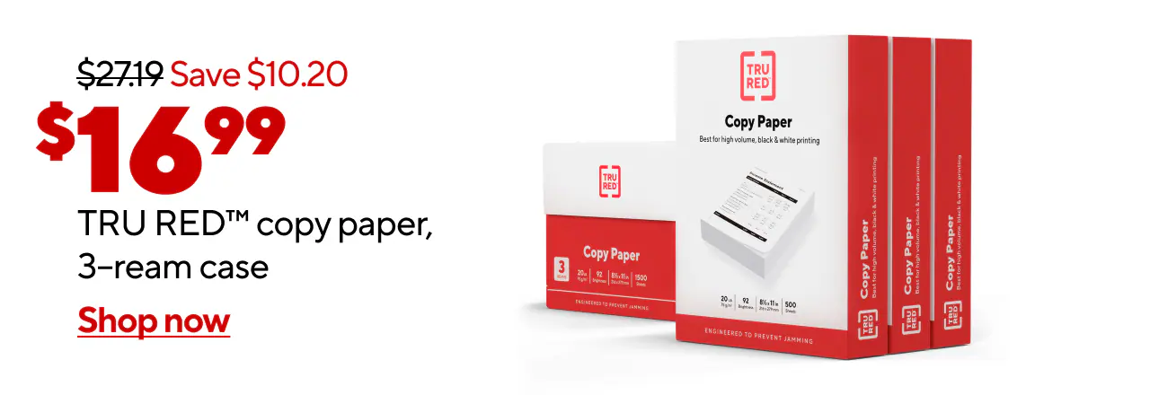Only $16.99 for TRU RED copy paper, 3-ream case