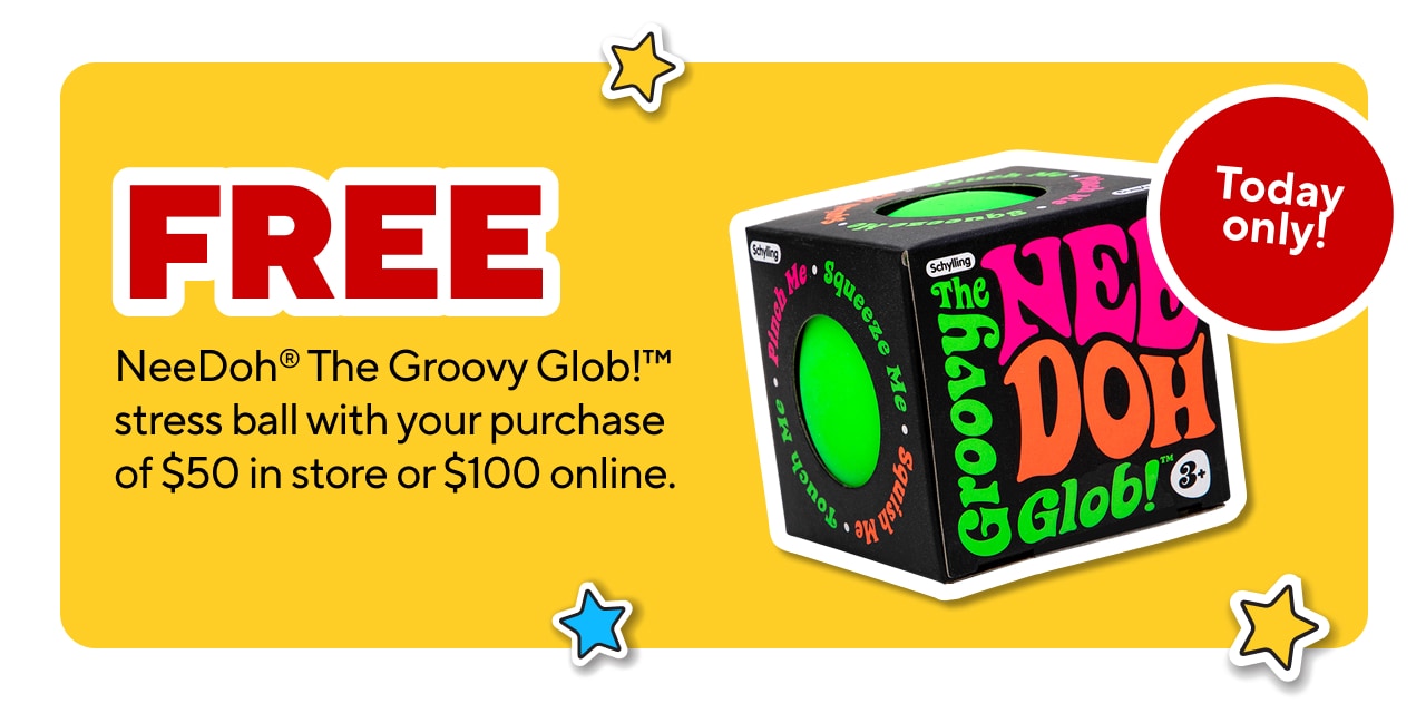 Sunday 8/23 only! Free NeeDoh Groovy Glob with your purchase of $50 or more (in-store) / $100 or more (Staples.com). While supplies last.