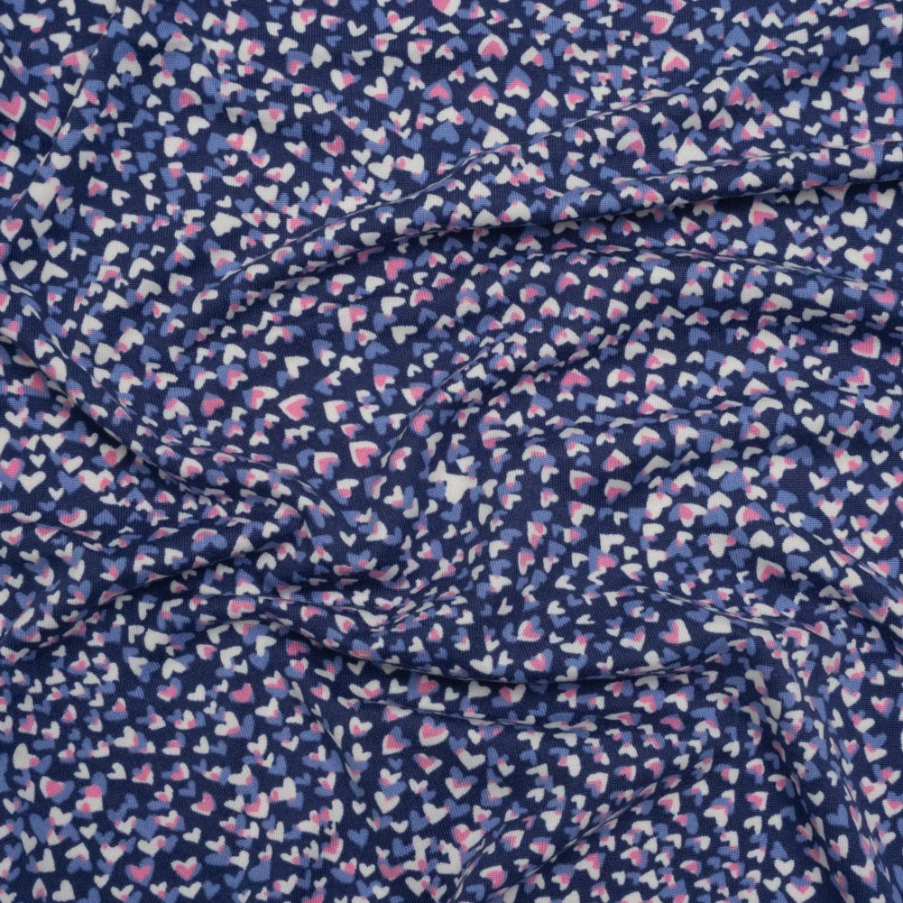 Image of Stretch Polyester ITY Jersey - Blue, Periwinkle and Pink Explosion of Hearts - Deadstock