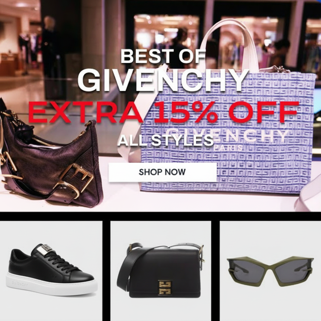 Givenchy sale: Extra 15% off all styles, with images of shoes, bags, and sunglasses.