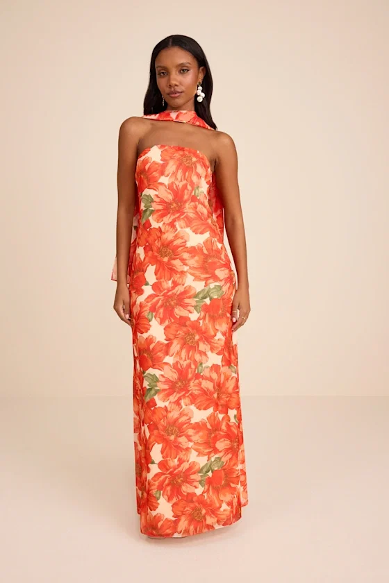 Image of Rawya Orange Floral Strapless Maxi Dress and Scarf Set