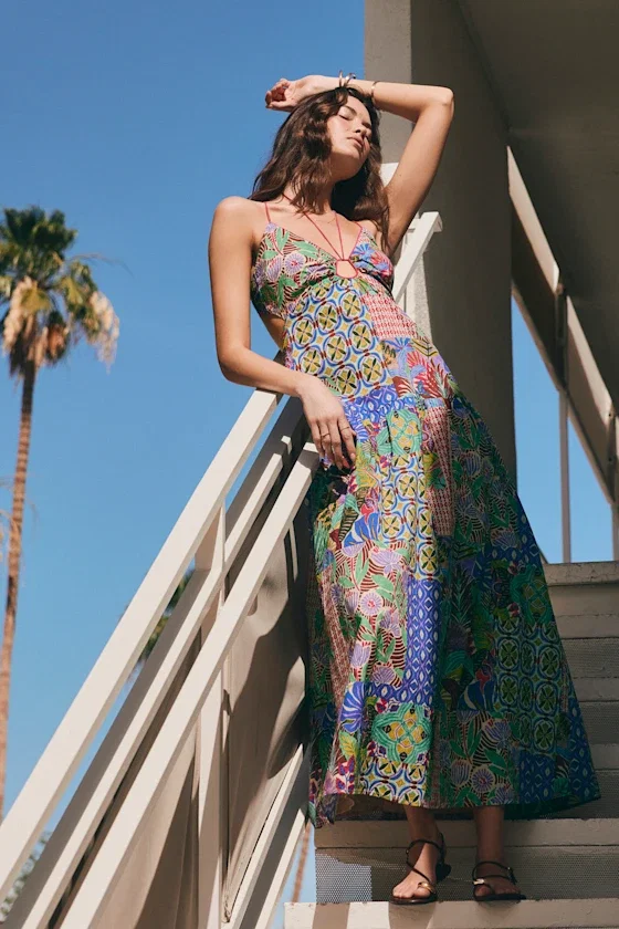 Image of Monica Multi Print Tie-Front Maxi Dress