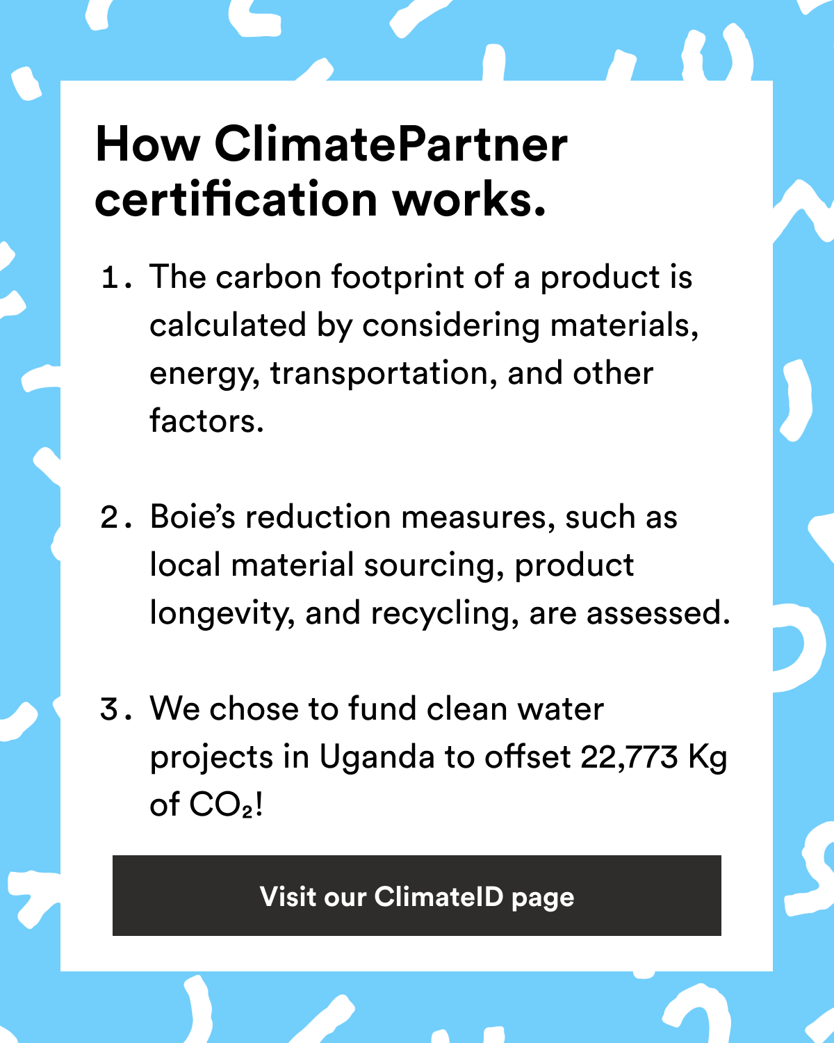 Text reading, "The carbon footprint of a product is calculated by considering materials, energy, transportation, and other factors.  Boie’s reduction measures, such as local material sourcing, product longevity, and recycling, are assessed.  We chose to fund clean water projects in Uganda to offset 22,773 Kg of CO₂!"