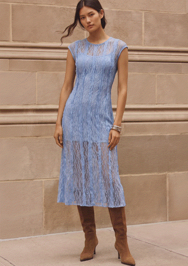 Wear the dress. Blue lace midi dress.