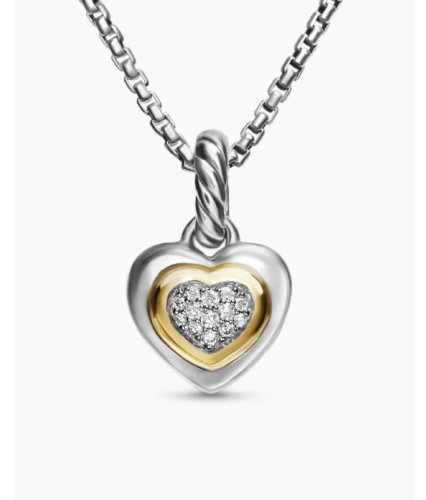 Petite Cable Heart Pendant Necklace Sterling Silver with 14K Yellow Gold and Diamonds, 17.1mm