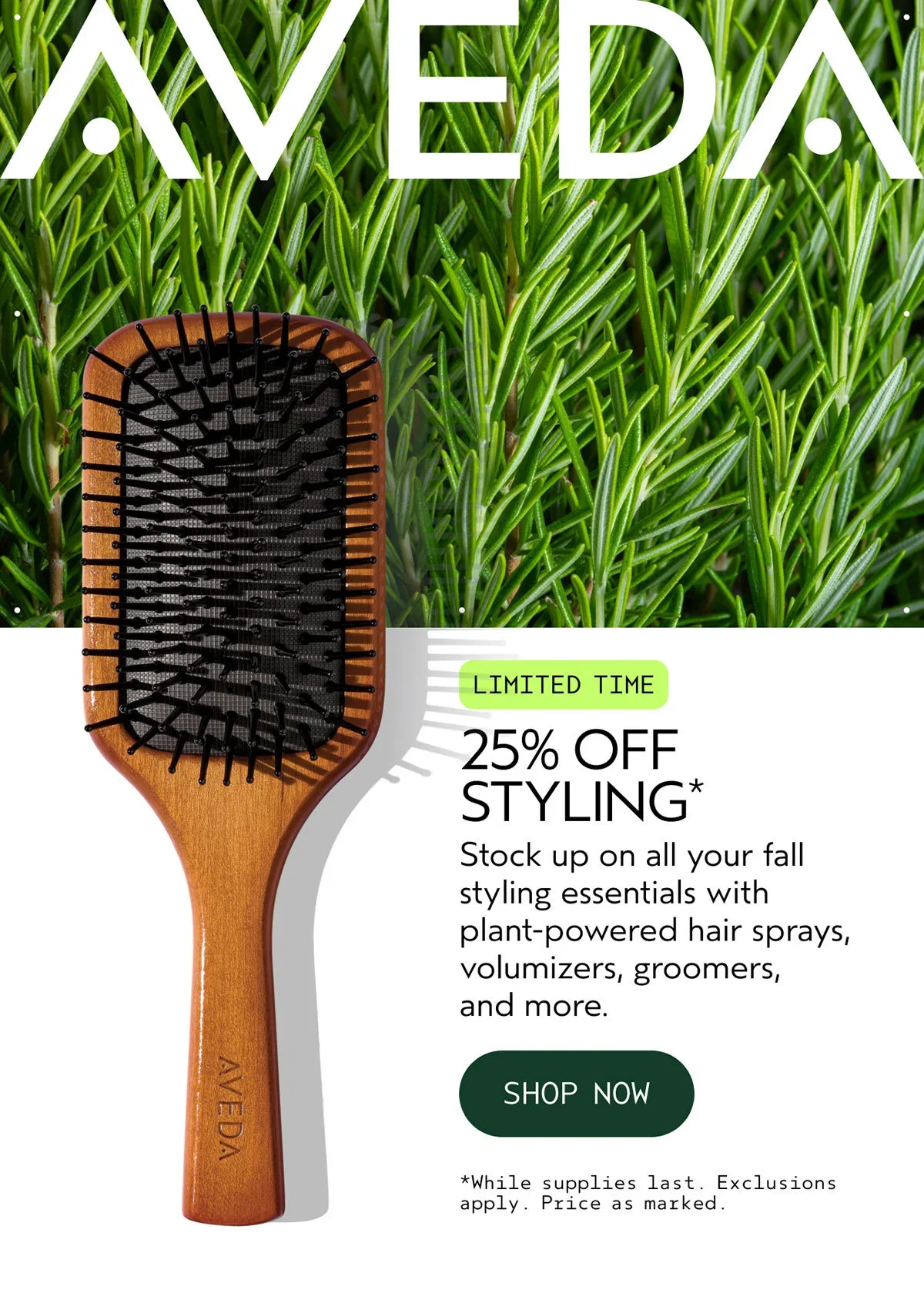 AVEDA | LIMITED TIME | 25% OFF STYLING* | Stock up on all your fall styling essentials with plant-powered hair sprays, volumizers, groomers, and more. | SHOP NOW | *While supplies last. Exclusions apply. Price as marked.