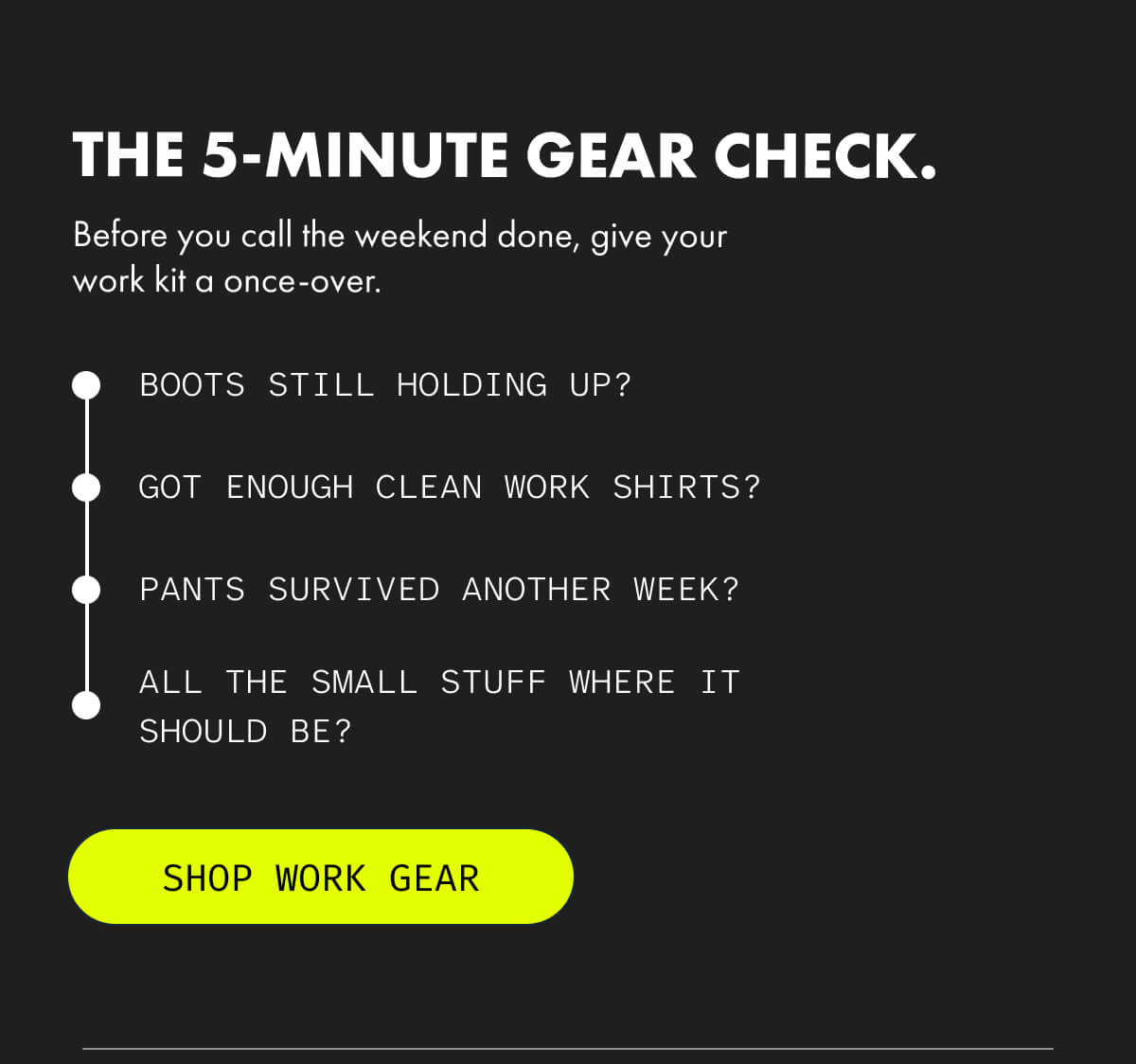 THE 5-MINUTE GEAR CHECK. | SHOP WORK GEAR 