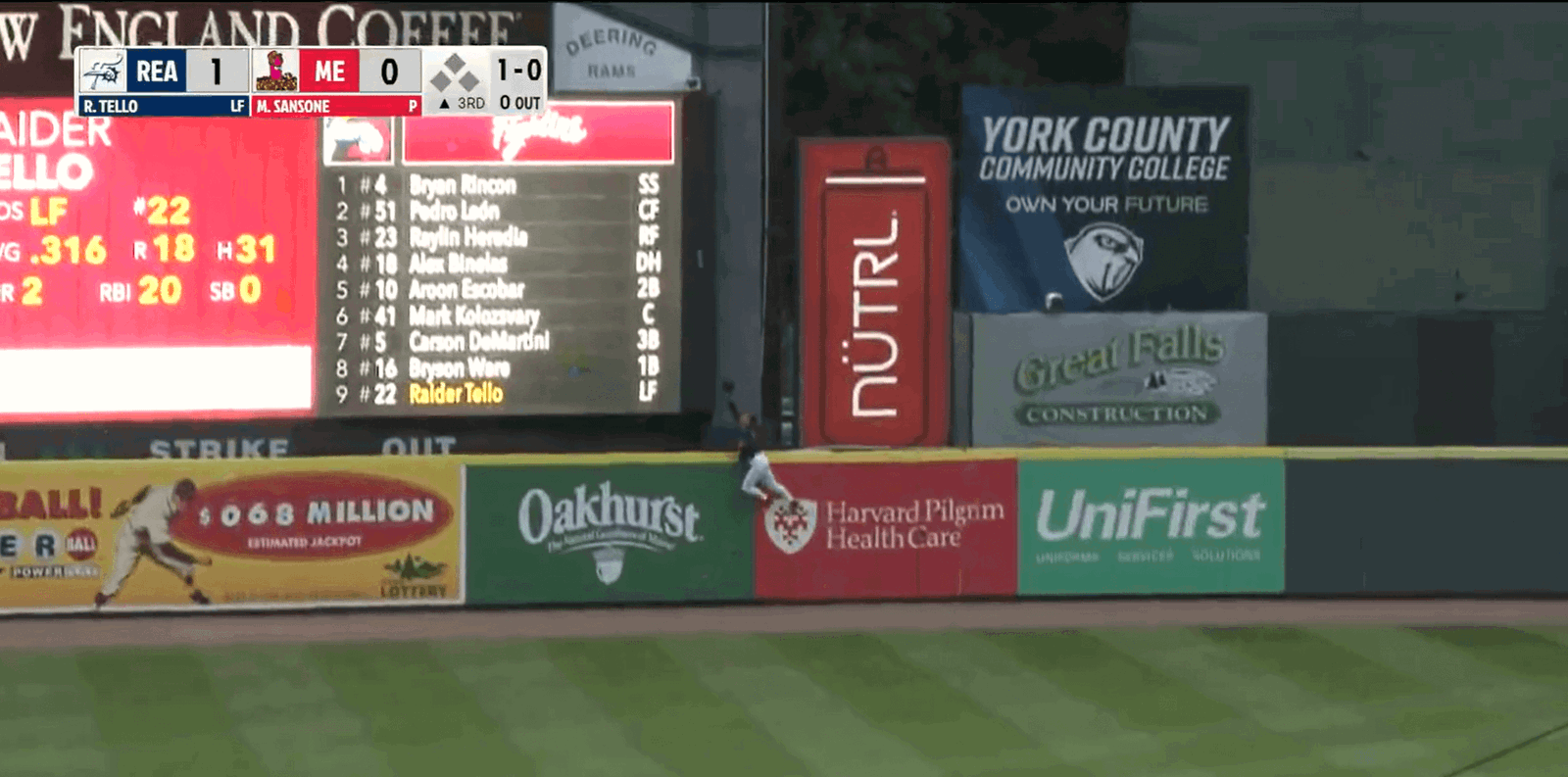 A screen grab of Will Turner robbing a home run