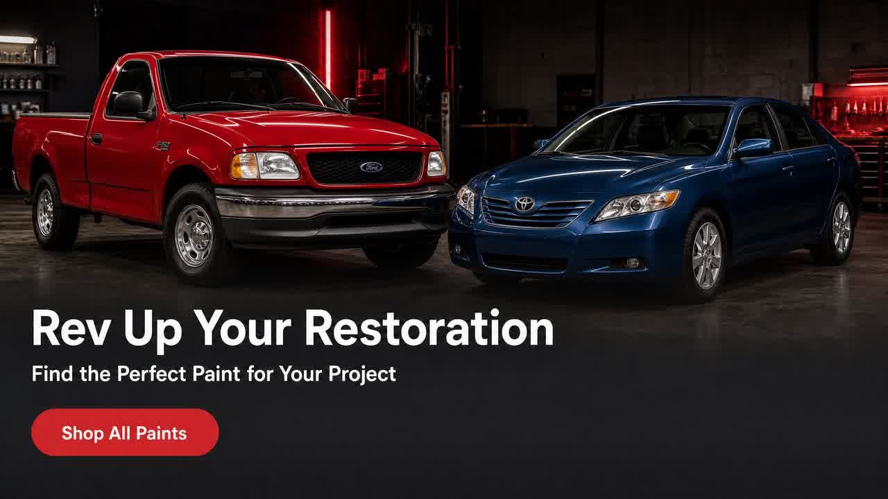 Red pickup truck and blue sedan in a garage promoting automotive restoration paint, with a “Shop All Paints” button.