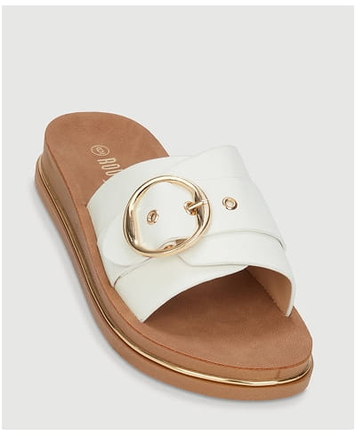 Shop Faux Leather Buckle Detail Footbed Sandals