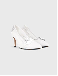 White Leather Pumps With Mesh Body & Removable Flowers