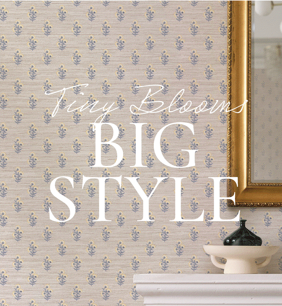 Gif image showing Tempaper's Tiny Blooms wallpaper installed in various rooms with text overlay "Tiny Blooms Big Style"
