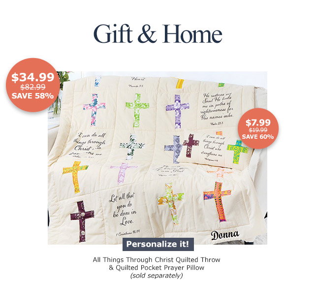 Gift & Home | All Things Through Christ Quilted Throw | Quilted Pocket Prayer Pillow