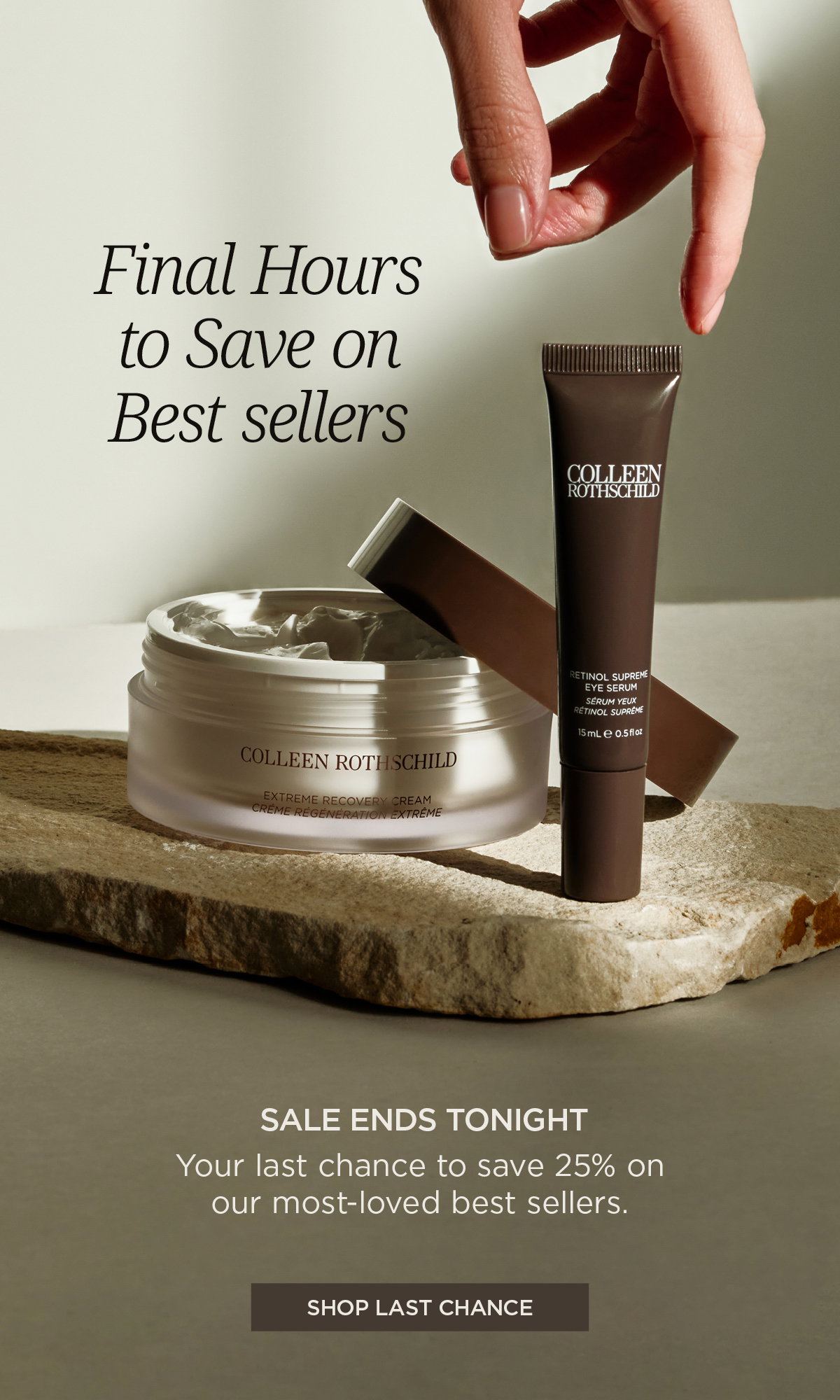 Final hours to save 25% on Colleen Rothschild Beauty best sellers. Shop customer-favorite skincare before the sale ends tonight, including Extreme Recovery Cream, Retinol Supreme Eye Serum, Radiant Cleansing Balm, Sheer Renewal Cream, Vitamin C Brightening Serum, Glycolic Acid Peel Pads, and Face Oil No.9. Save on bestselling formulas that hydrate dry skin, reduce the look of fine lines, brighten dull skin, strengthen the skin barrier, and deliver healthy, radiant-looking skin.