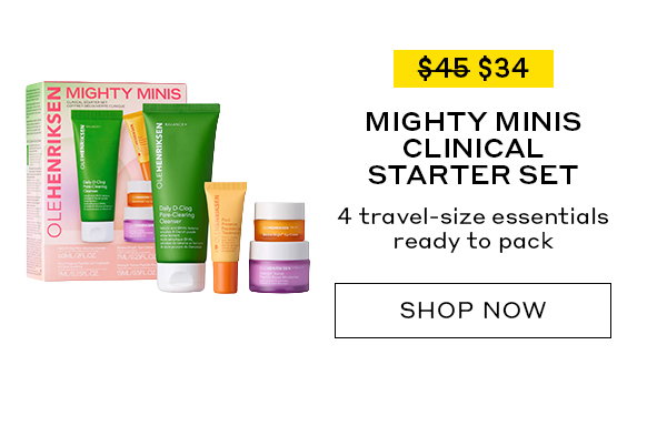 MIGHTY MINIS CLINICAL STARTER SET. 4 TRAVEL-SIZE ESSENTIALS READY TO PACK.