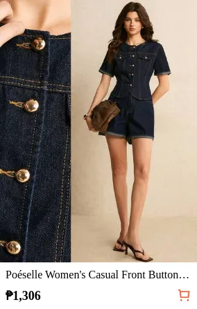 Poéselle Women's Casual Front Button Short Sleeve Top And Denim Shorts Set Two-Piece Suit, Dark Blue Summer Valentine Birthday Outfits For Women
