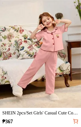 SHEIN 2pcs/Set Girls' Casual Cute Coral Pink Cherry Embroidery Long Pants And Loose Fit Short Sleeve Home Outfit,Summer,Travel