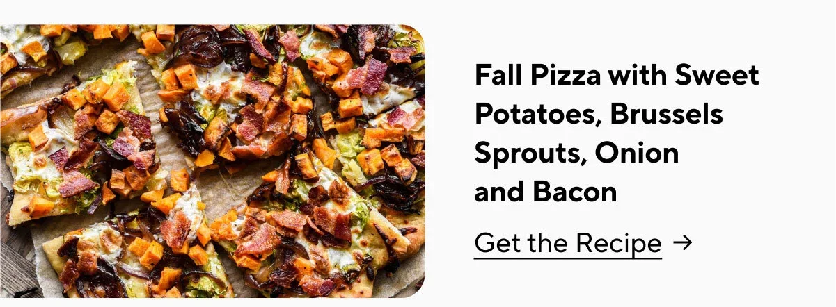 Fall Pizza With Sweet Potatoes, Brussels Sprouts, Onion And Bacon