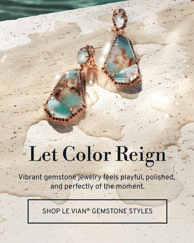 Gemstone earrings by pool. Let Color Reign. Playful, polished, and of the moment. Click to Shop Le Vian Gemstone Styles