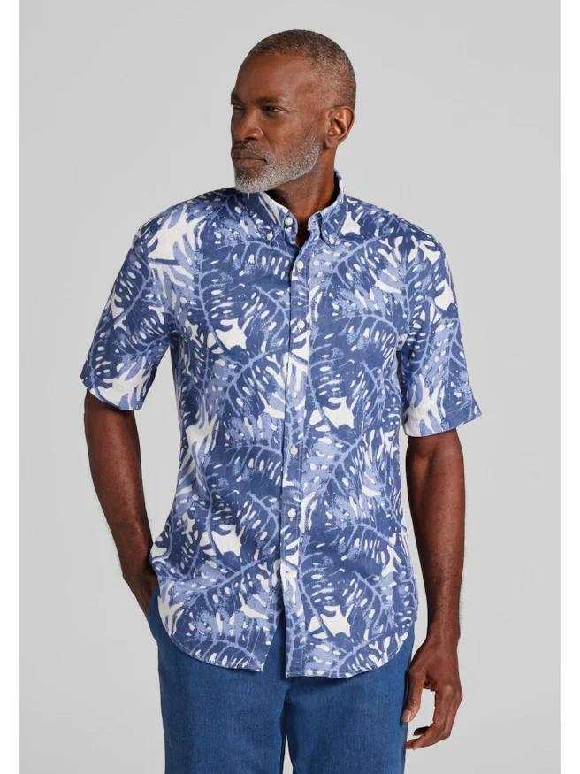 Reserve Collection Tailored Fit Monstera Leaf Linen Short Sleeve Button Up Shirt