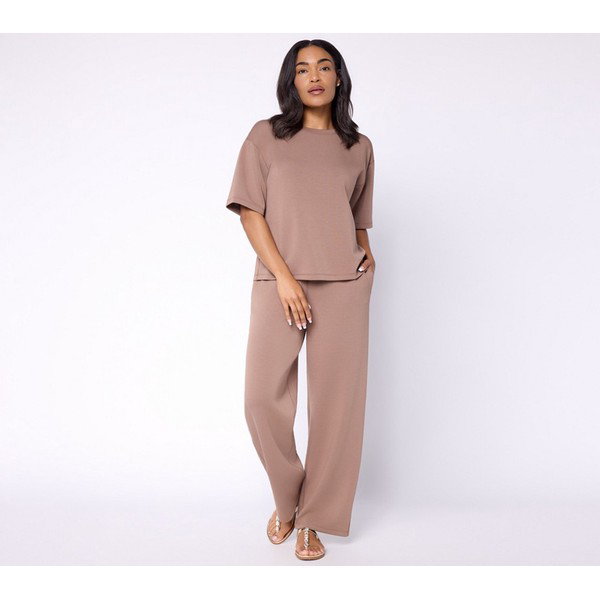 Susan Graver Weekend Petite Serene Knit Top and Wide Leg Pant Set