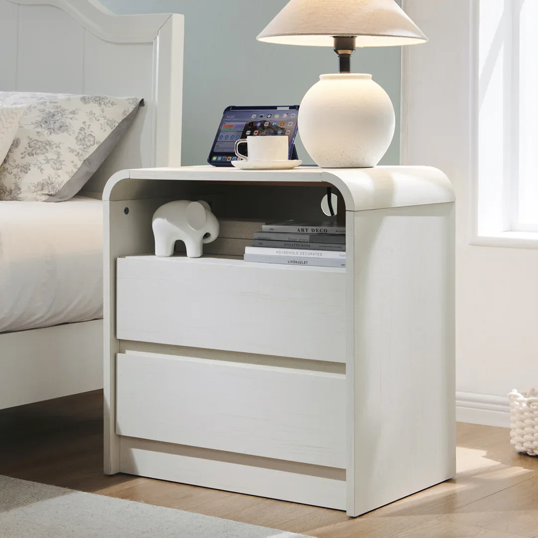 Maud 25" Tall Modern Nightstand with Charging Station, 23.6'' Wide Wood Bedside Table w/2 Storage Drawers, Large Mid Century End Table for Bedroom