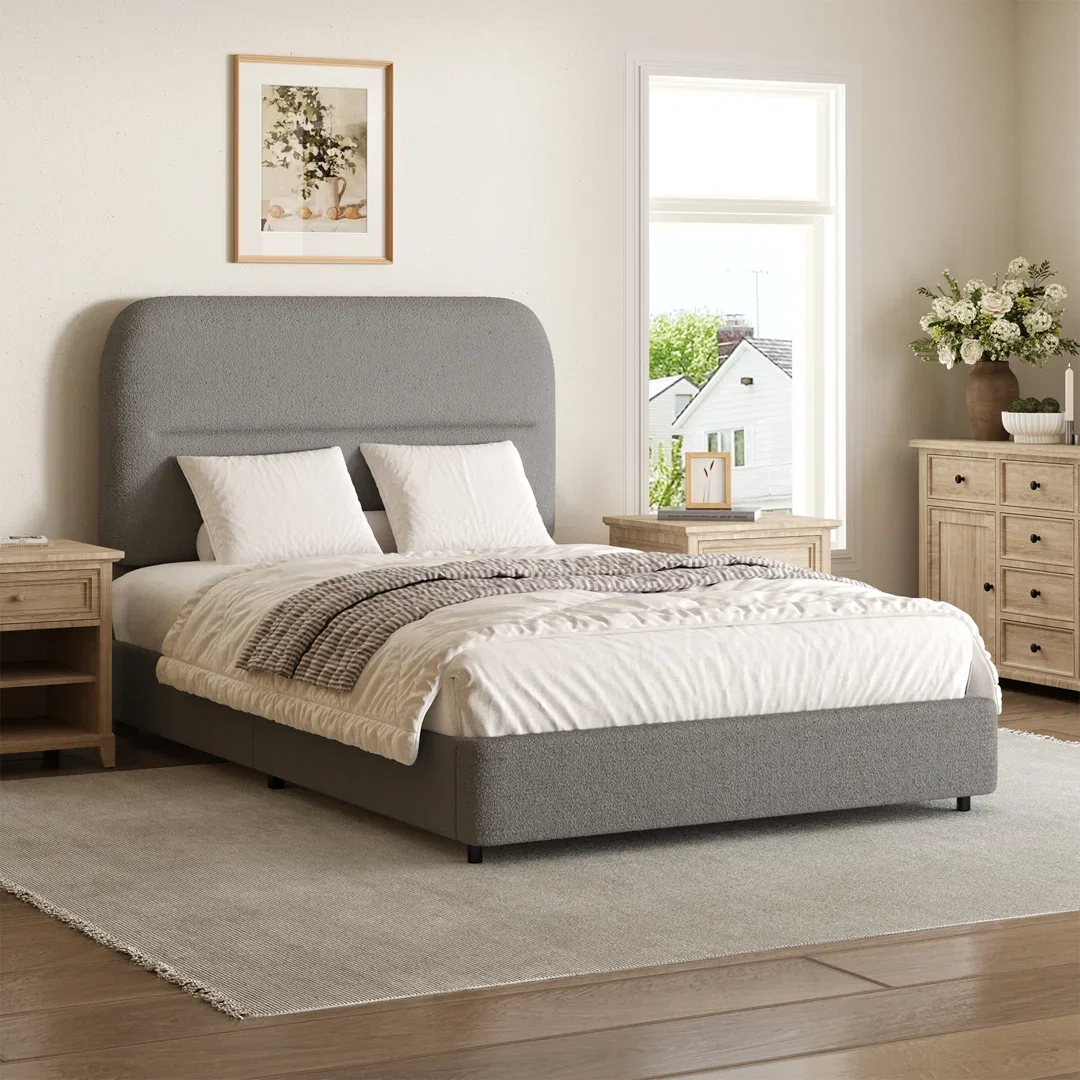 Bensu Platform Bed Frame, Cloud Collection with Boucle Upholstery & Rounded Headboard, Thickened Footboard
