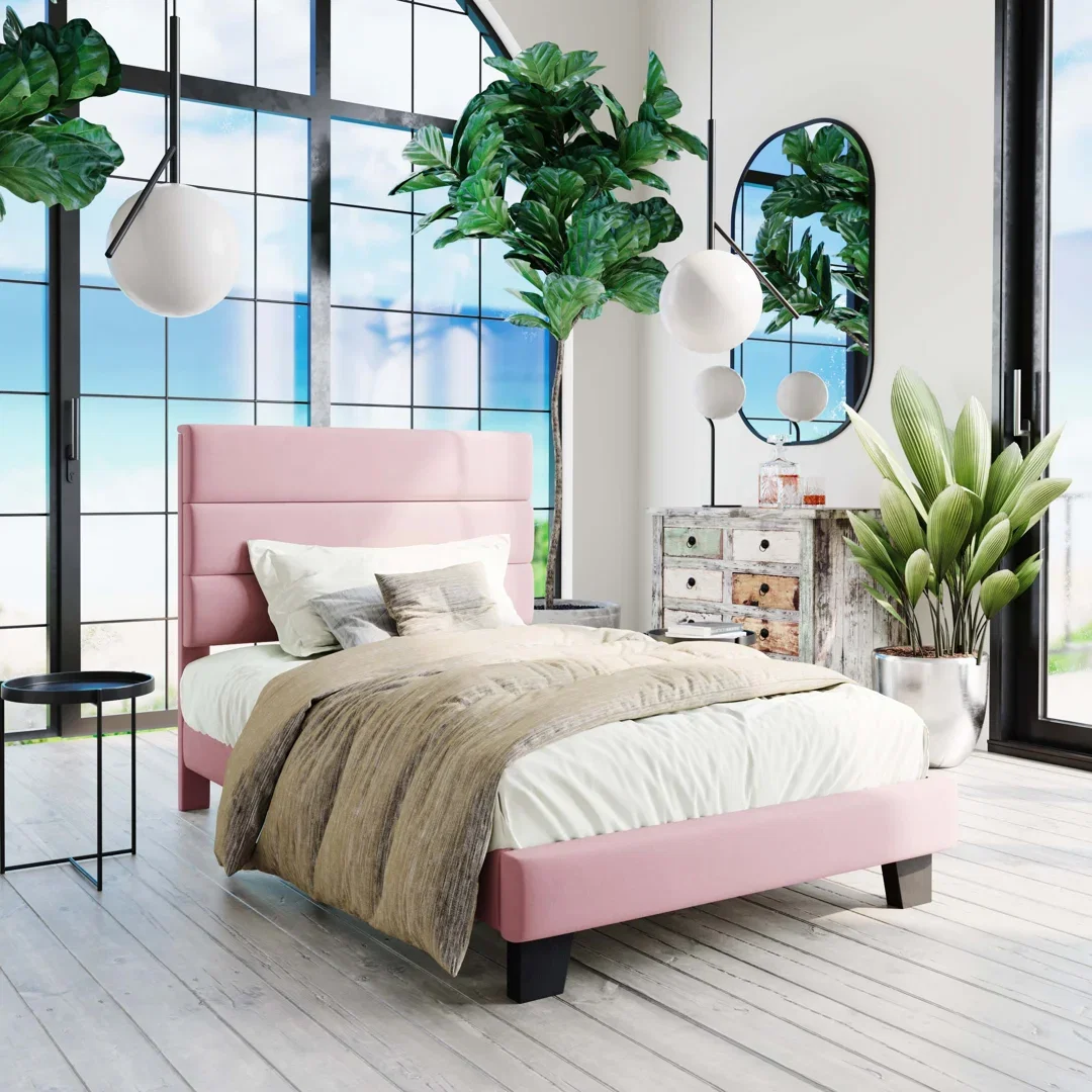 Elison Platform Bed with Fabric Upholstered Headboard and Wooden Slats