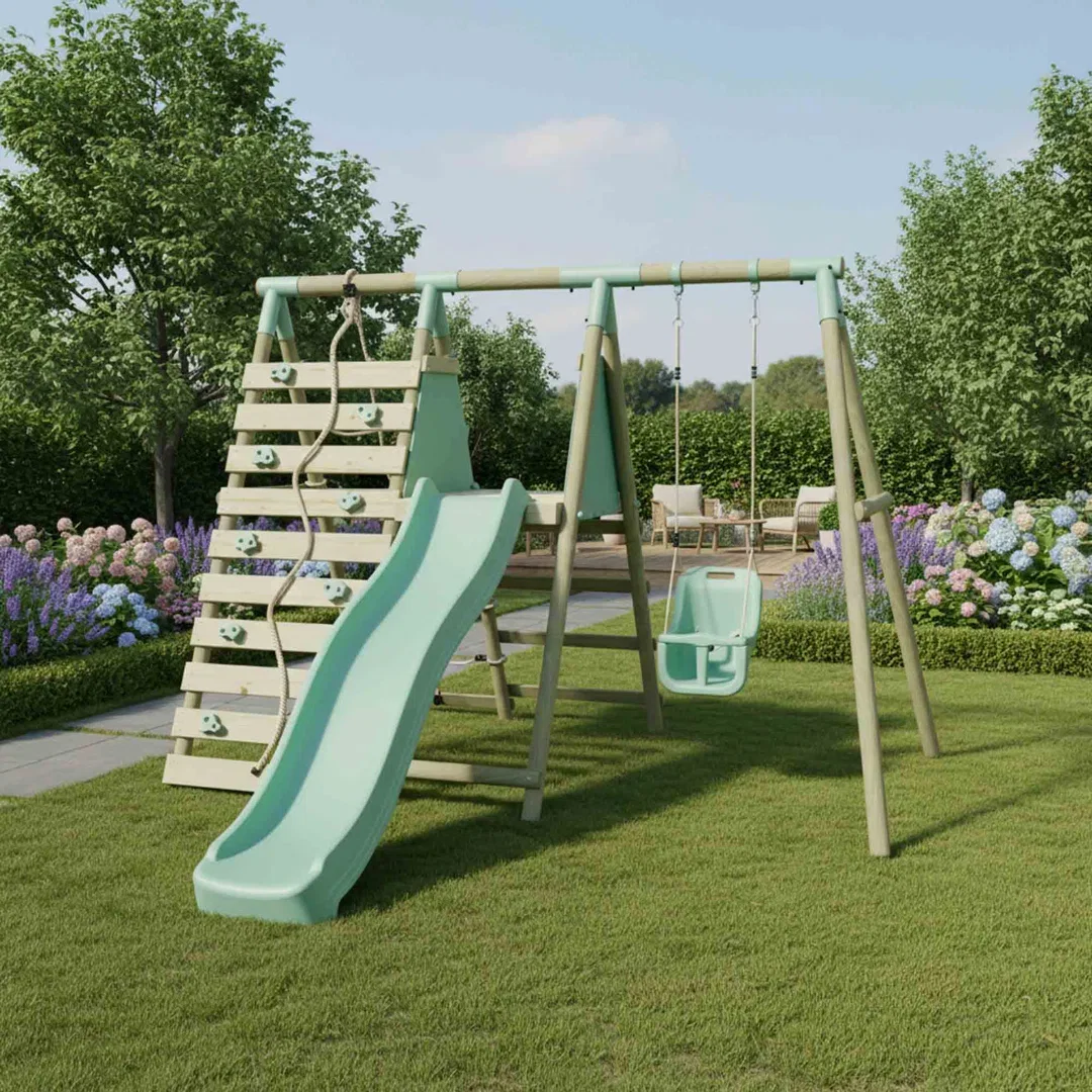 Mercia Wooden Round Pole Baby Seat Swing With Climbing Wall & Slide