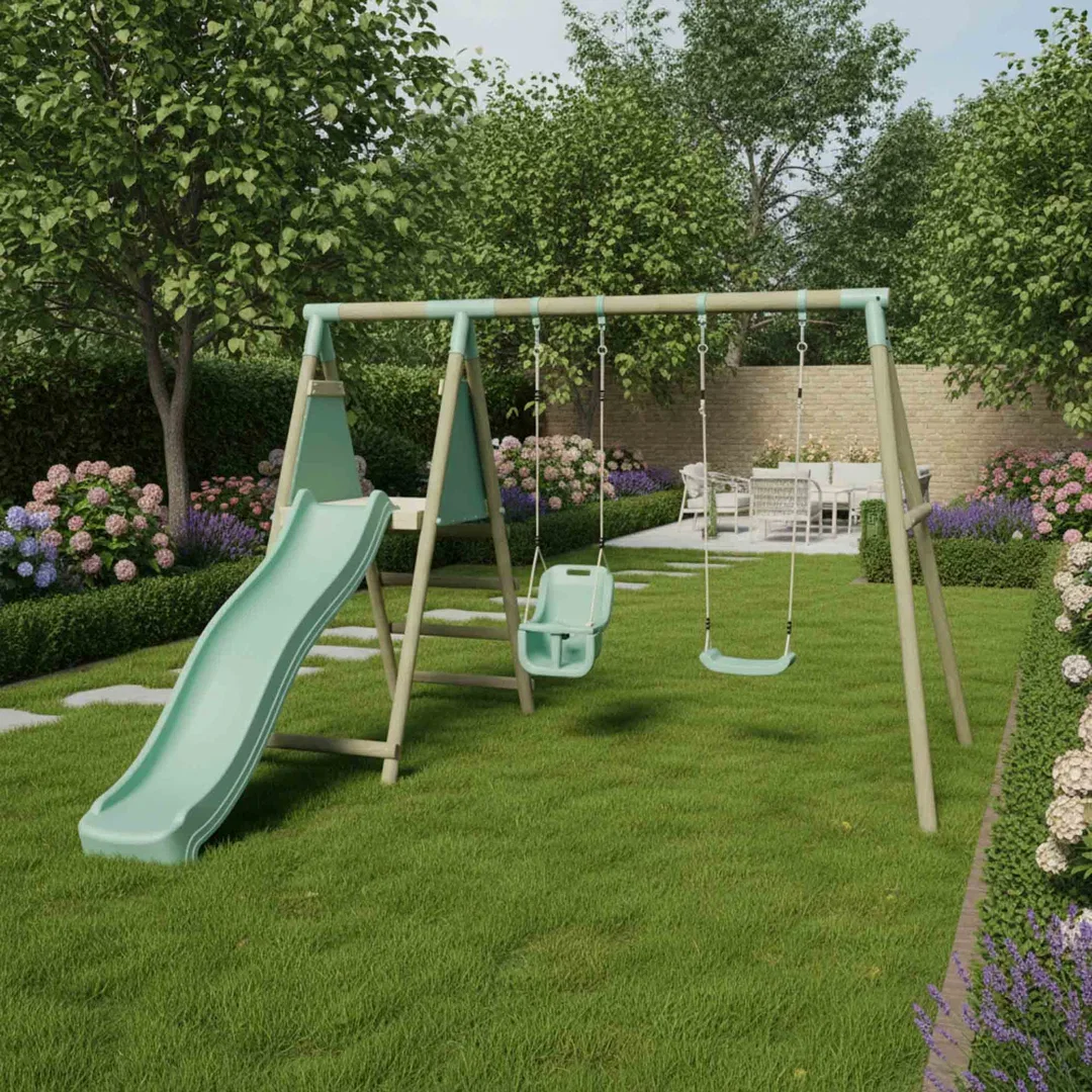 Mercia Wooden Round Pole Single Swing & Baby Seat Swing With Slide