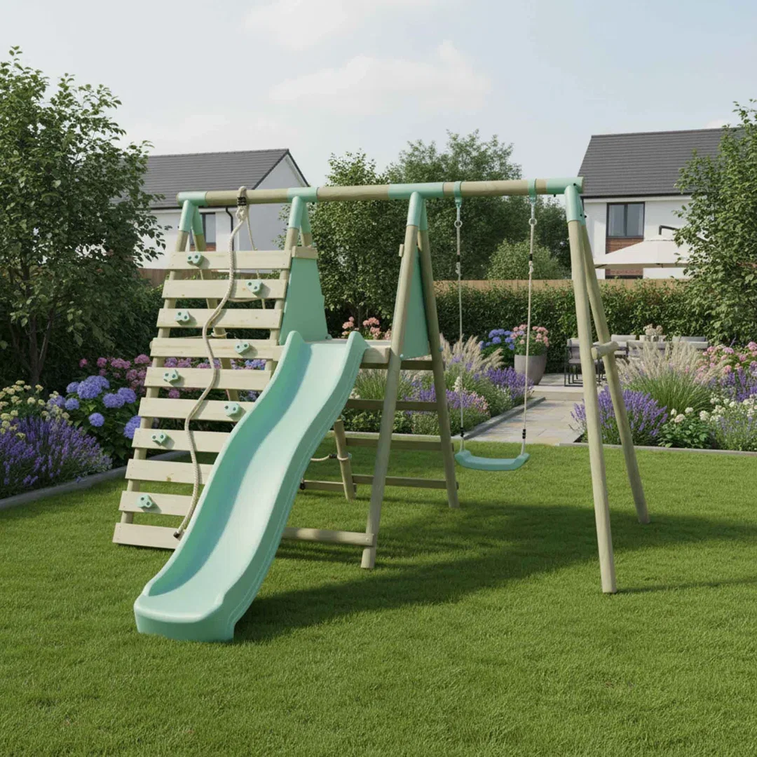 Mercia Wooden Round Pole Single Swing With Climbing Wall & Slide