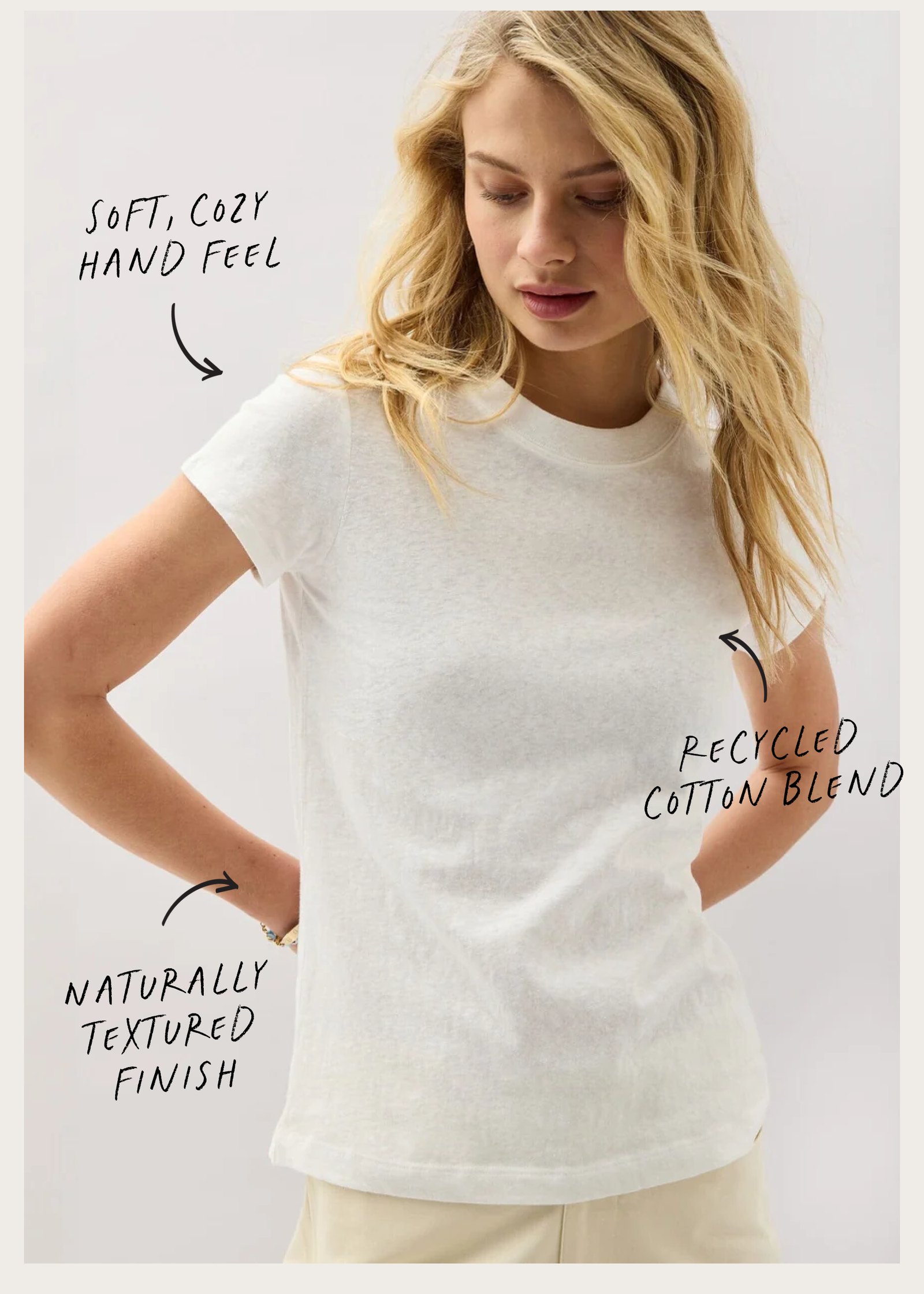 soft, cozy hand feel. recycled cotton blend. naturally textured finish.