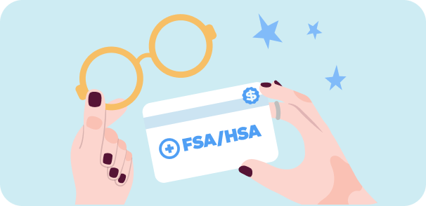 Illustration of two hands, one holding a frame, the other holding a FSA/HSA card