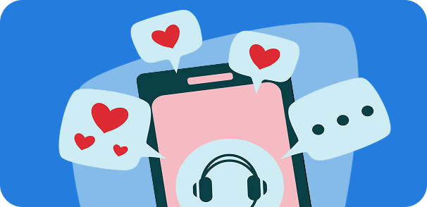 Illustration of a phone with a headset image in the screen and four message pop ups around it