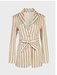 Beige Striped Oversized Open Linen Blazer