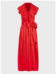 Red Fitted Poplin Halter Dress With Large Front Ruffle