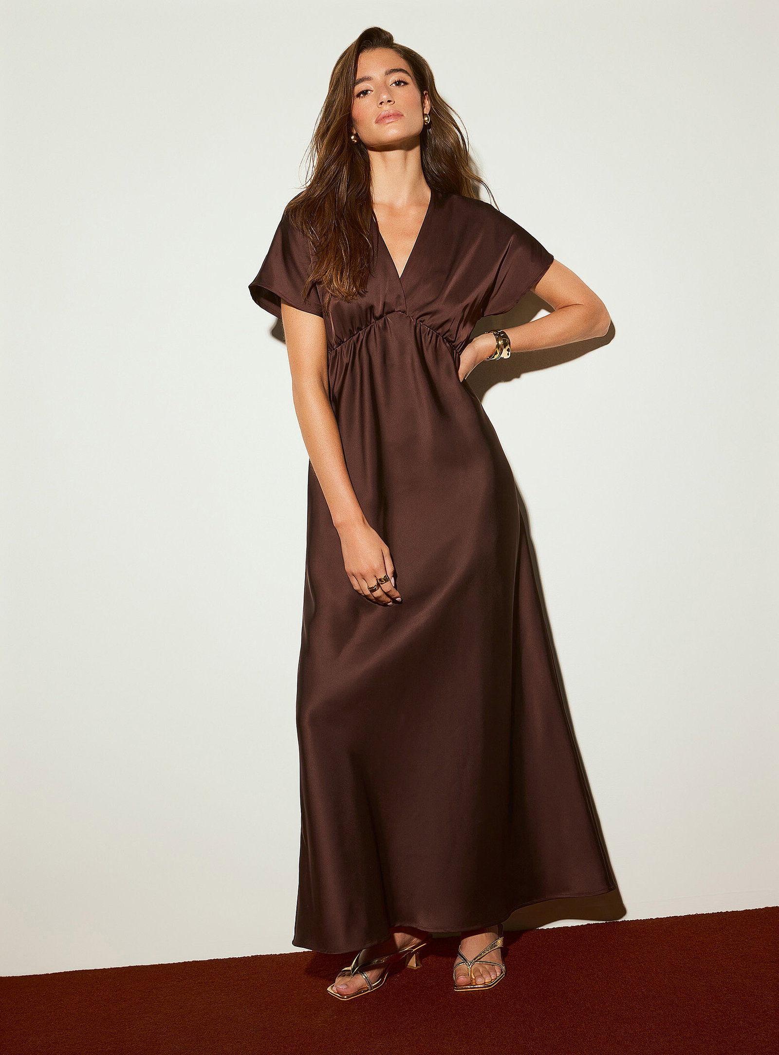 V-neck double-face satin maxi dress