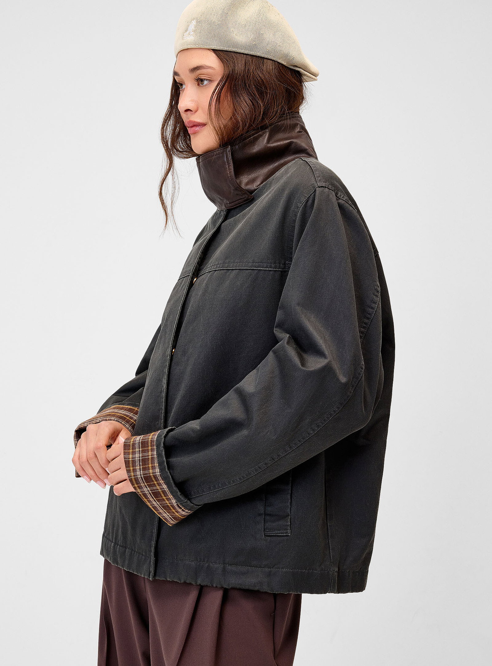 Funnel-neck waxed cotton boxy-fit jacket