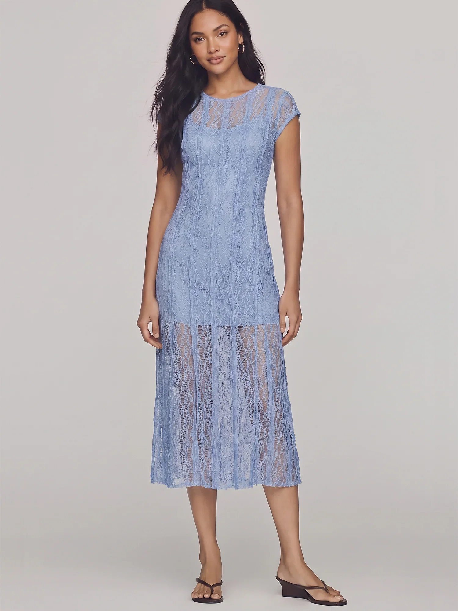 Image of Sleeveless Lace Overlay Midi Dress