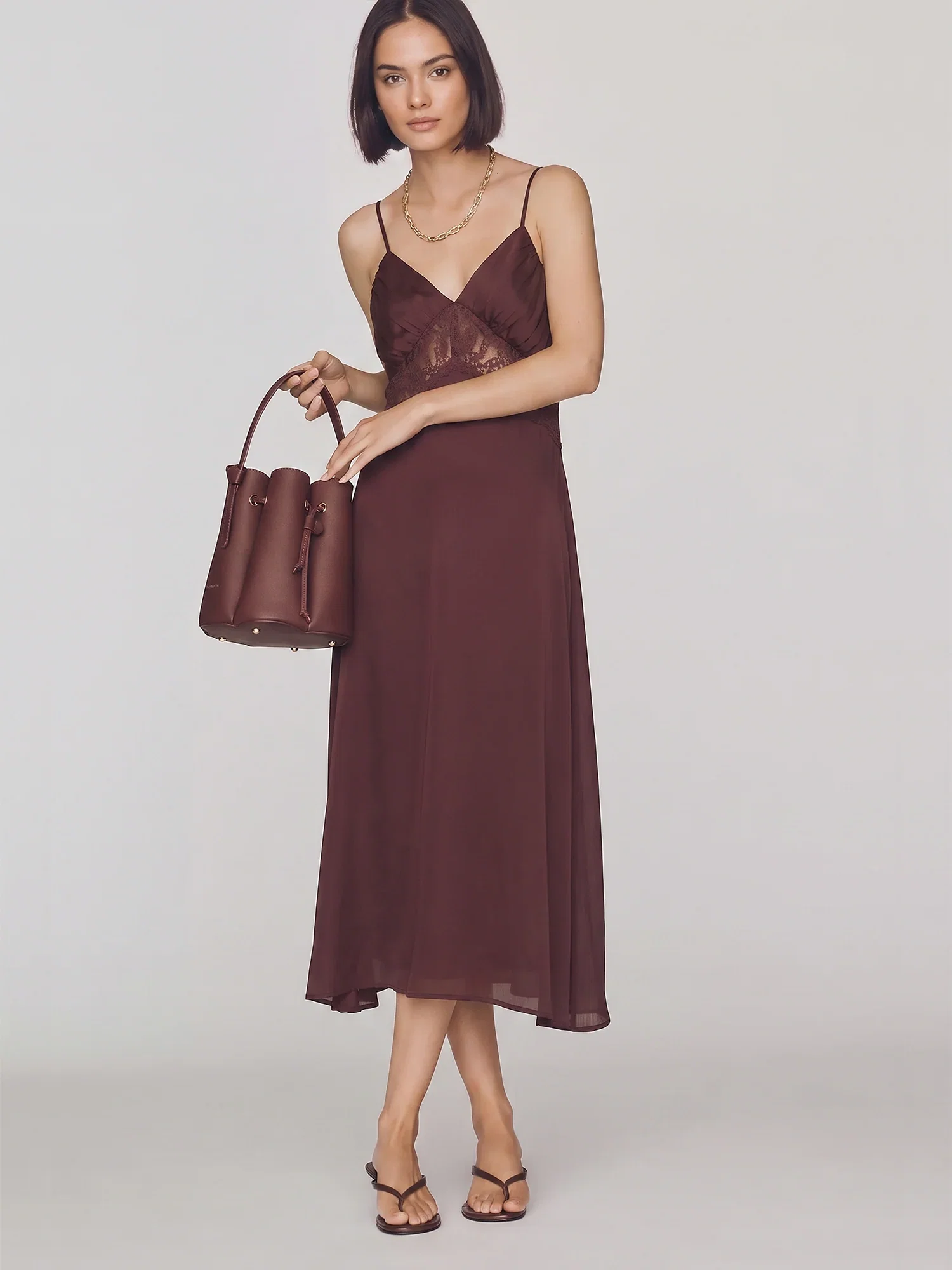Image of V Neck Lace In Set Detail Satin Slip Midi Dress