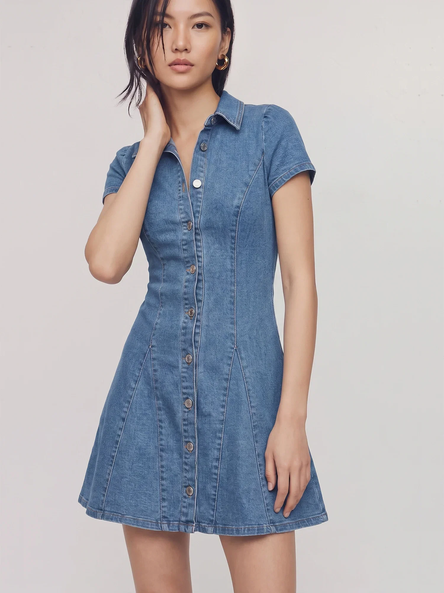 Image of Short Sleeves Denim Button Down A Line Dress