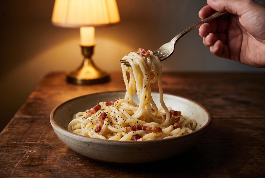 A bowl of carbonara made with white egg white noodles