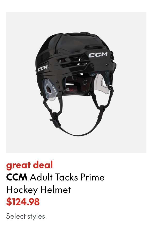 CCM Adult Tacks Prime Hockey Helmet. Great deal. 124.98. Select styles.